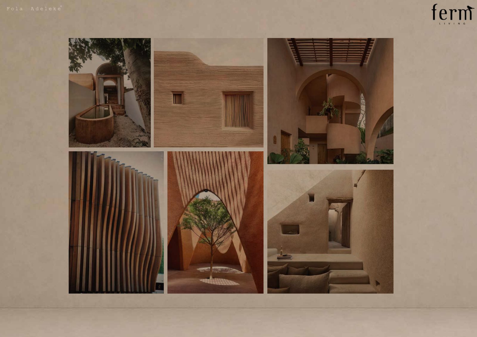 Moodboard of earthen architecture, arches and natural textures referenced for Ethnic Isle